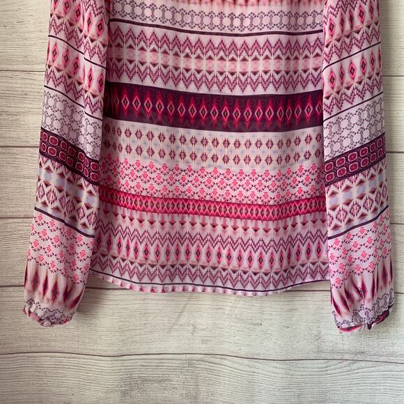 Decree Pink Sheer Geometric Pattern Blouse Swim Cover Up Tie Neck Size M - Picture 9 of 16